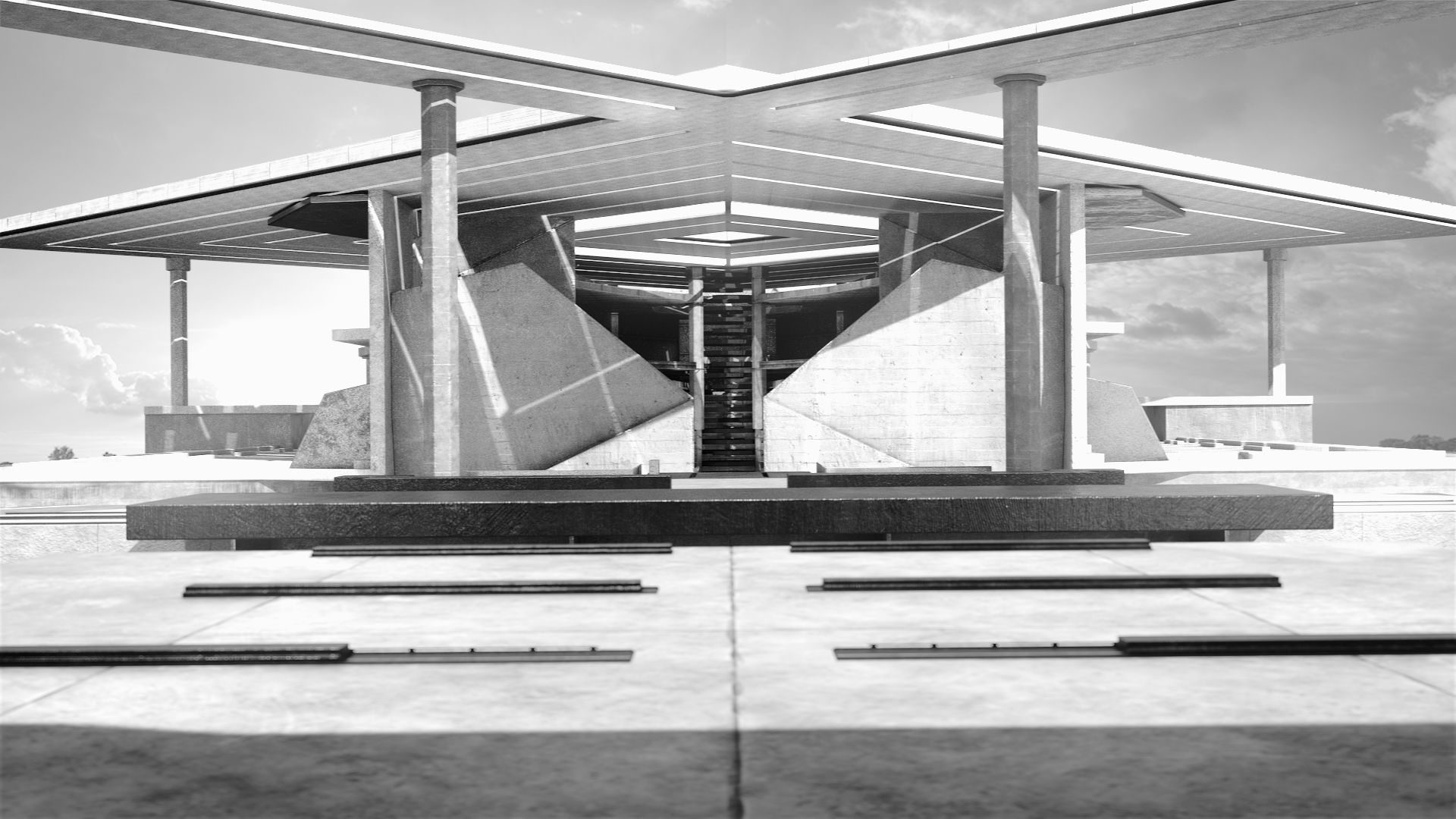 Architectural 3D render of a geometric building with strong sunlight