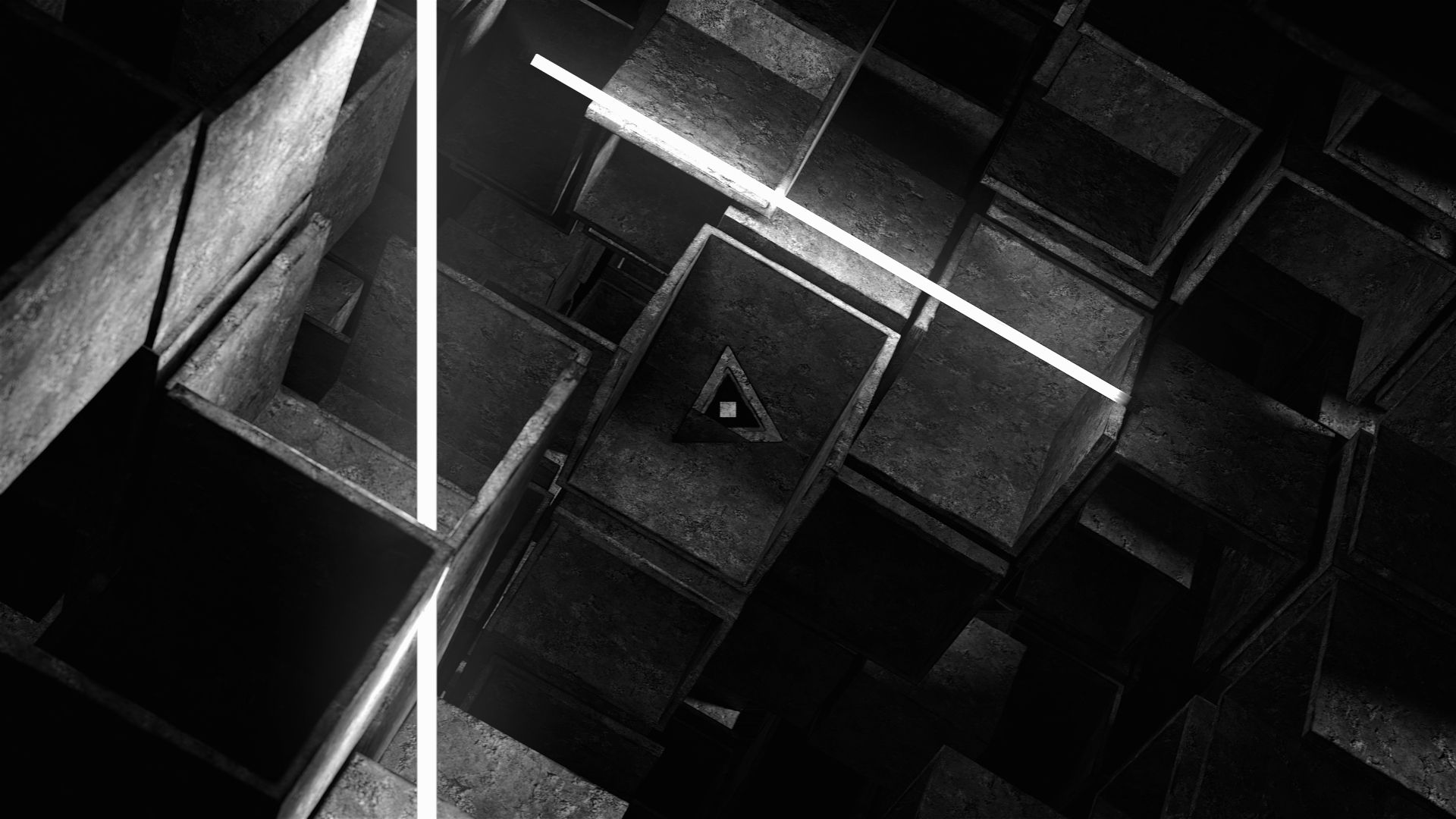 Neon lights in an abstract 3D scene made of dark concrete cubes