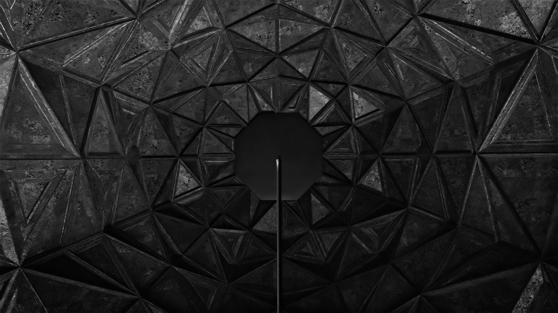 Abstract 3D environment with geometric patterns and dark concrete materials