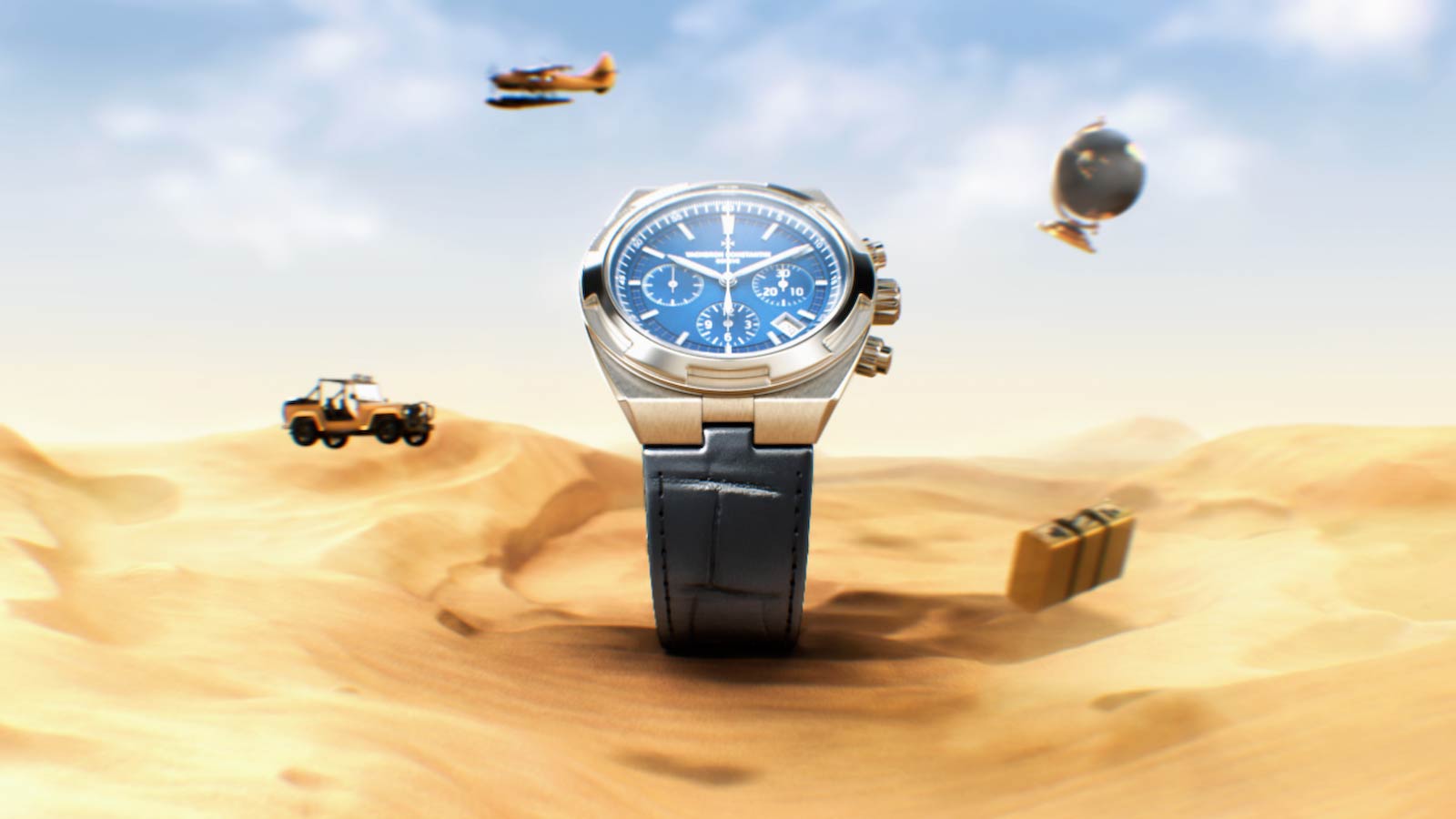 3D render of the Vacheron Overseas watch in a CGI desert