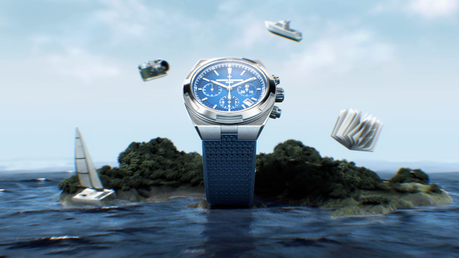 3D render of the Vacheron Overseas watch on a CGI island