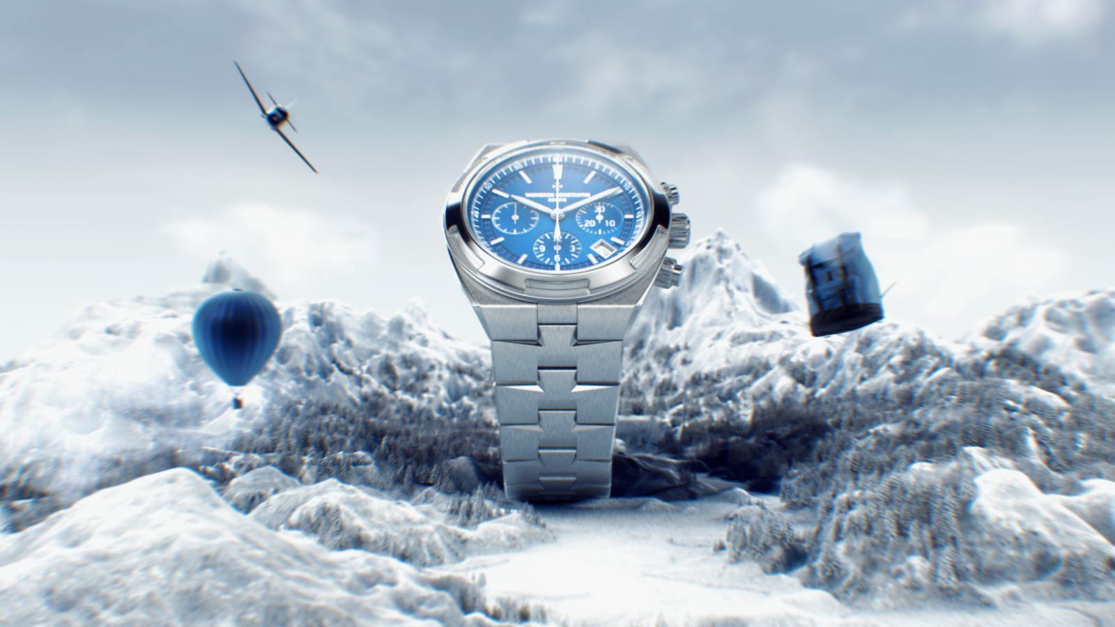 3D render of the Vacheron Overseas watch in  CGI moutains