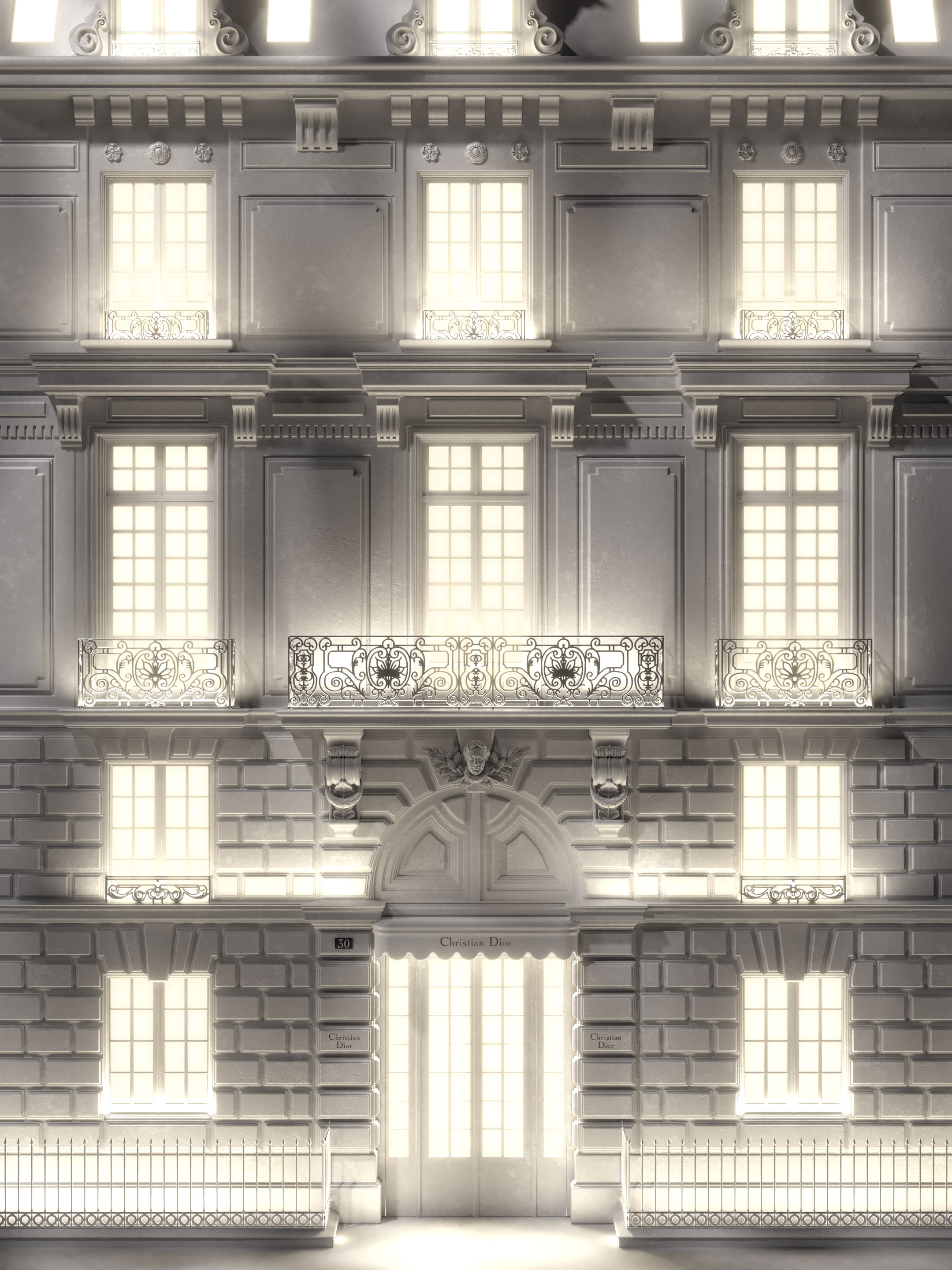 Stylized 3D visual of the iconic Dior Facade avenue de Montaigne, with a magical lighting