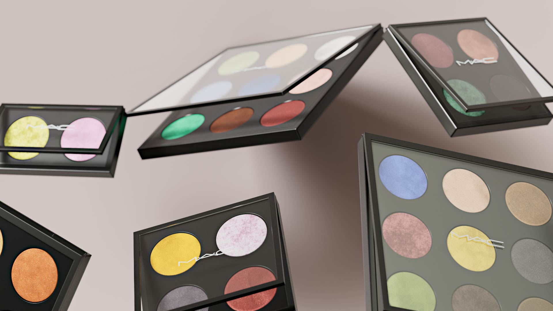 Levitating MAC palette cosmetic producs in 3D