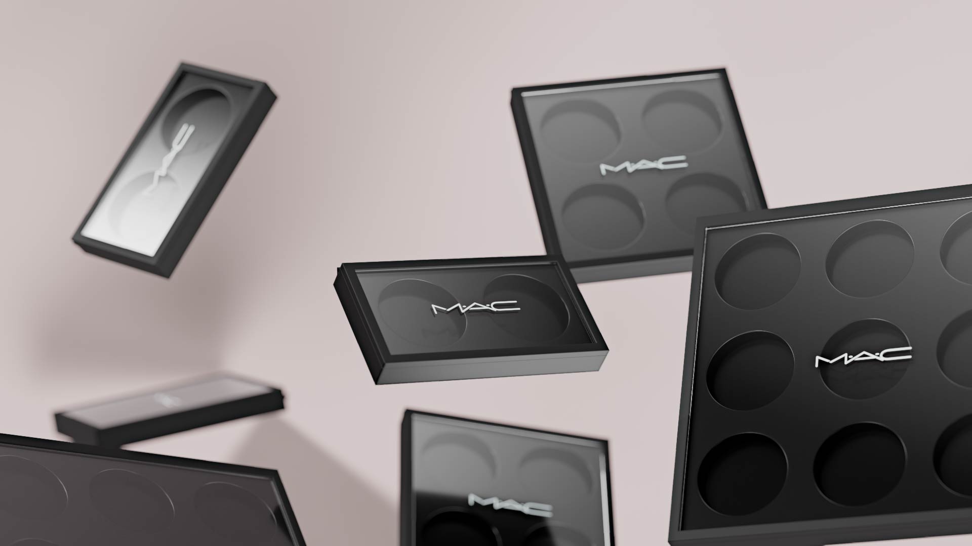 Close Up 3D render of cometics MAC products levitating