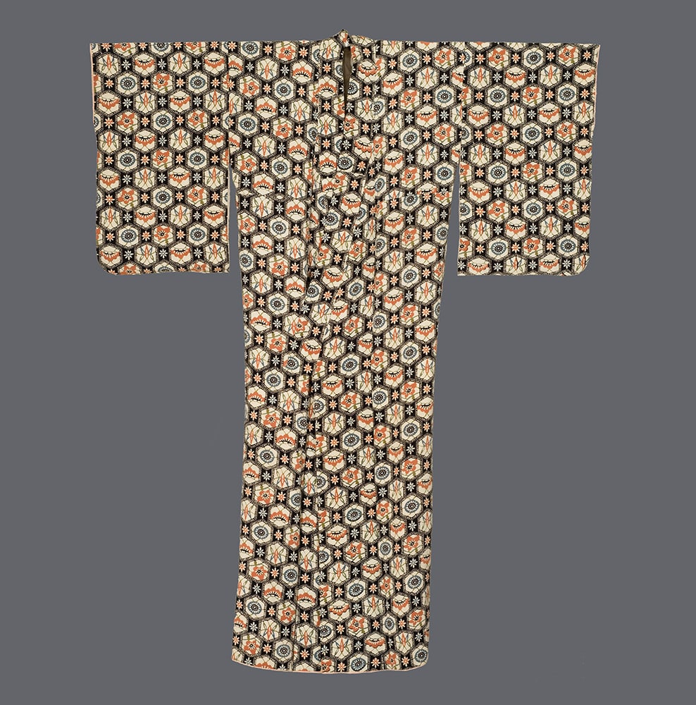 Vintage Japanese kimono with intricate geometric hexagonal pattern