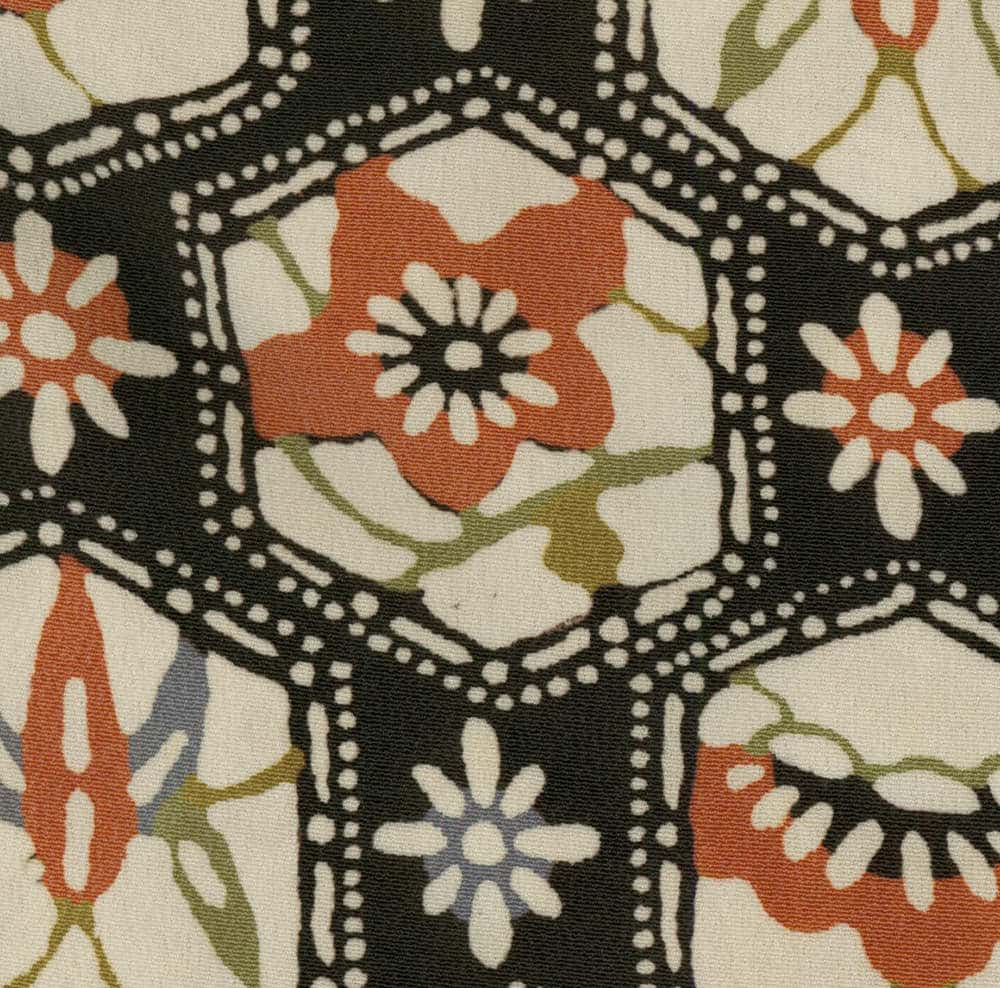 Vintage floral fabric pattern with geometric black dotted borders