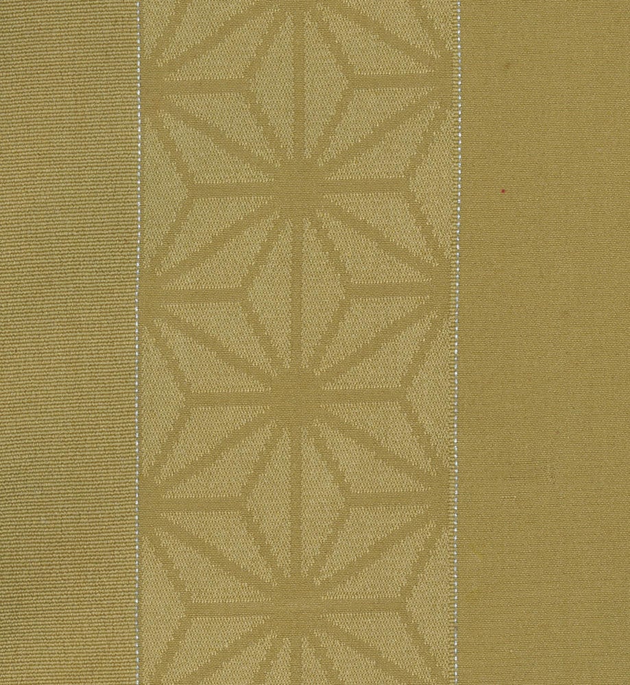 Gold textured fabric with symmetrical floral pattern and vertical stripe