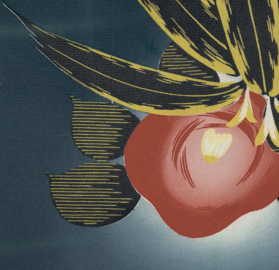 Stylized red apple with yellow leaves against dark blue background