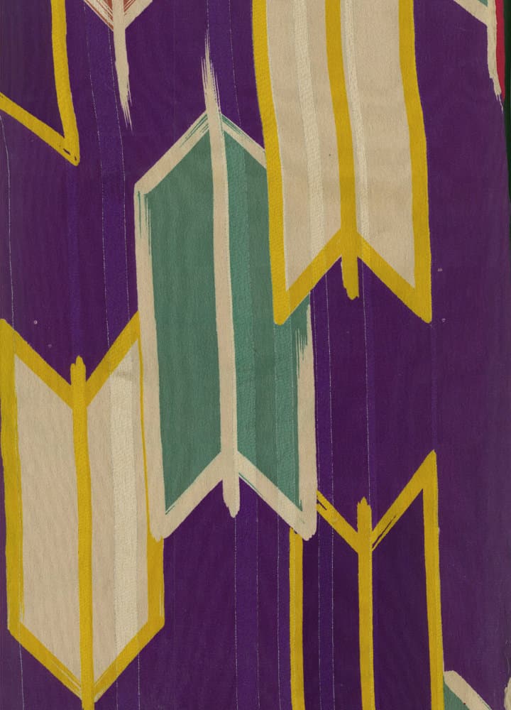 Abstract geometric pattern with arrows in purple, yellow, green, and white