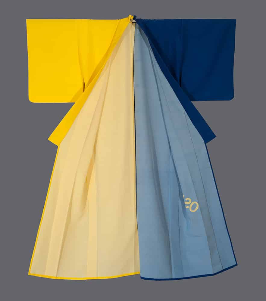 Traditional Japanese kimono with gradient colors from yellow to blue