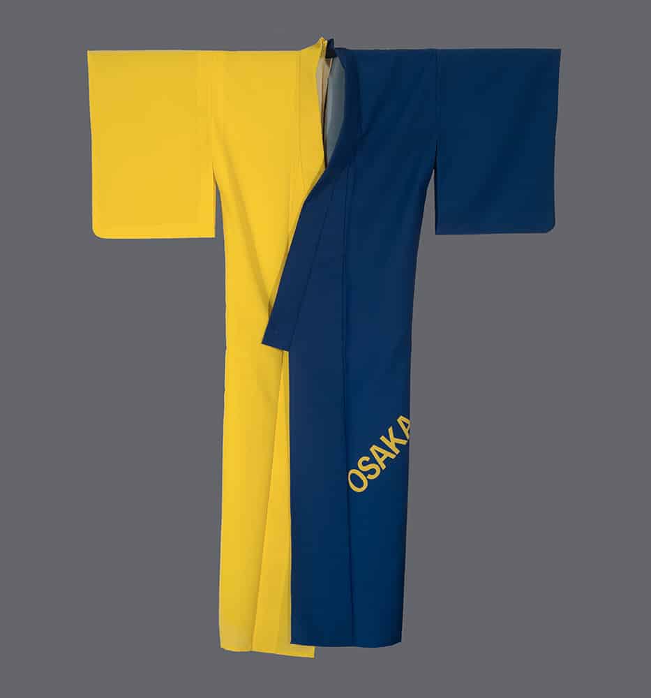 Blue and yellow traditional Japanese kimono with Osaka text
