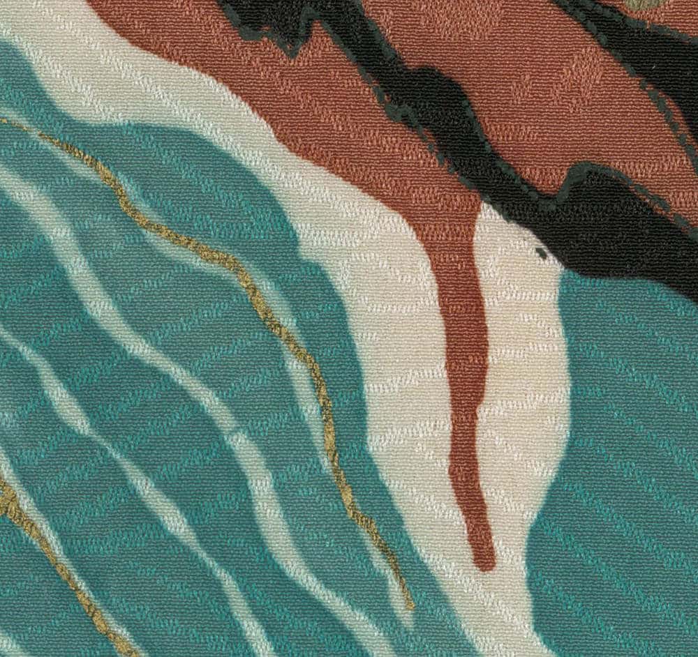 Abstract textile with wavy lines in teal, rust, white, and gold