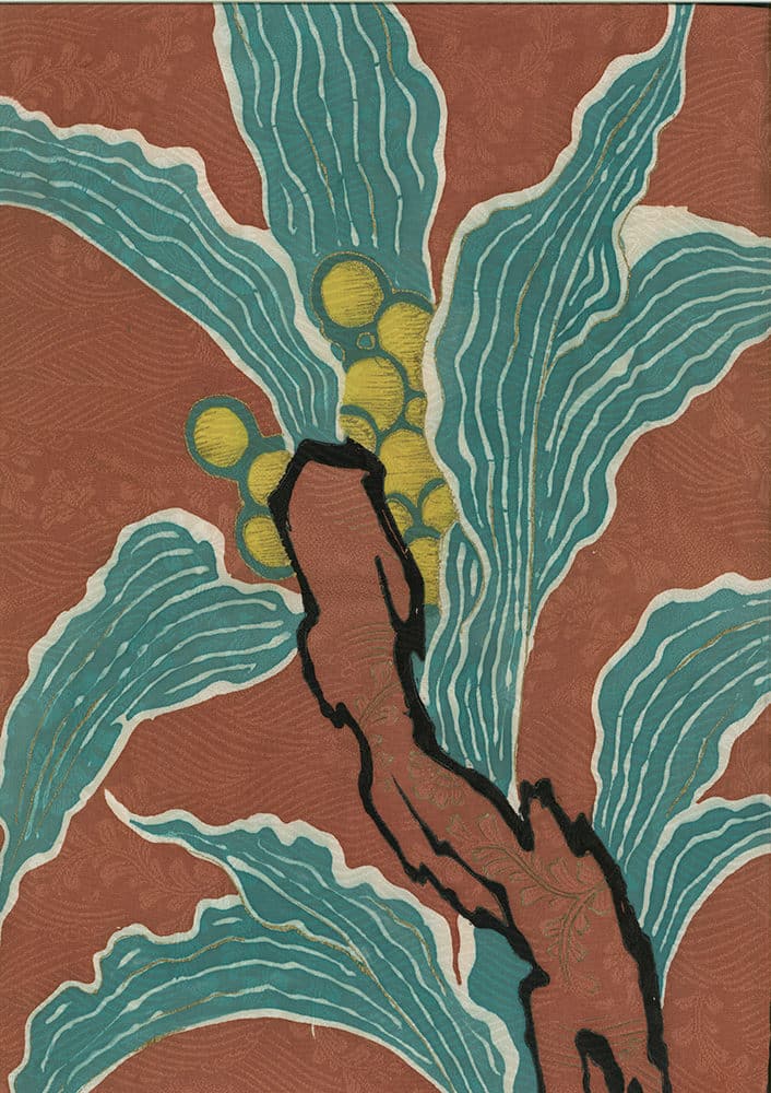 Abstract botanical artwork with teal leaves and yellow seed pods