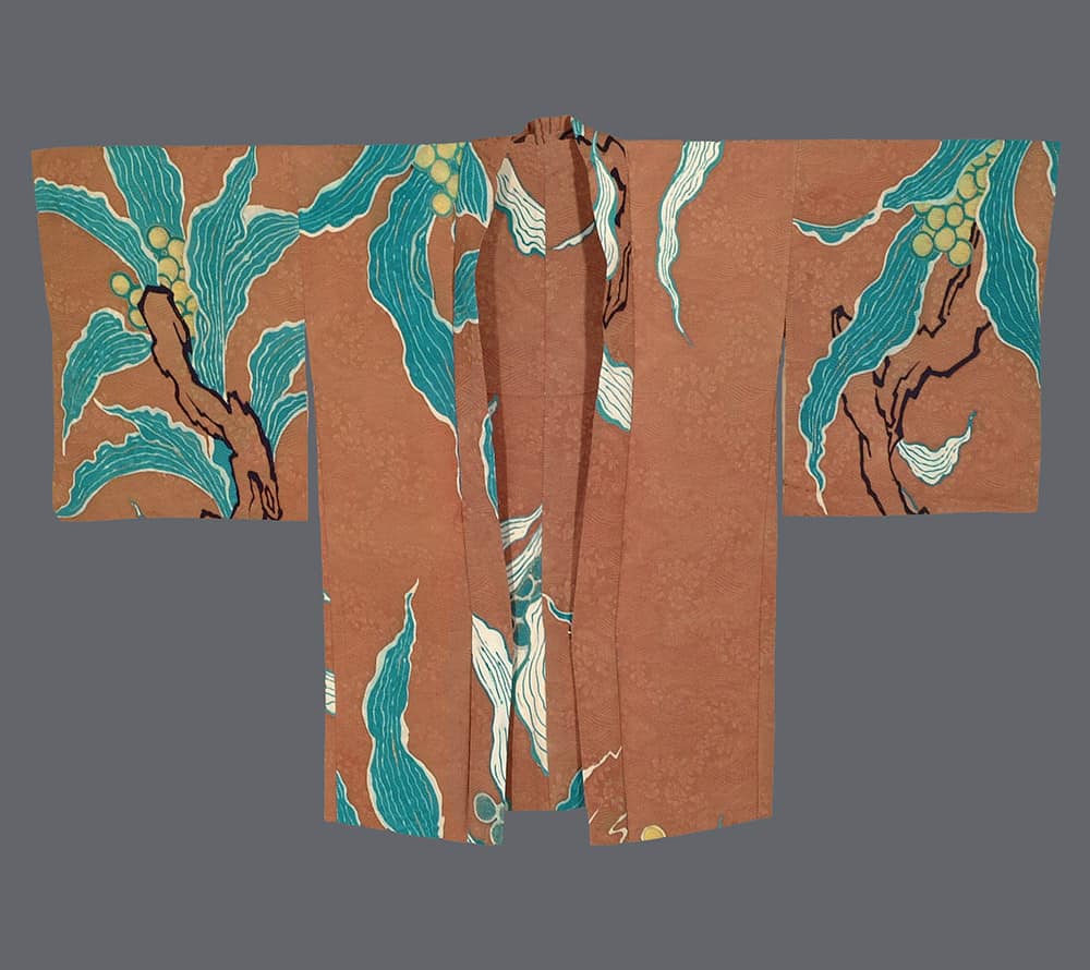 Vintage Japanese kimono with turquoise seaweed and brown background