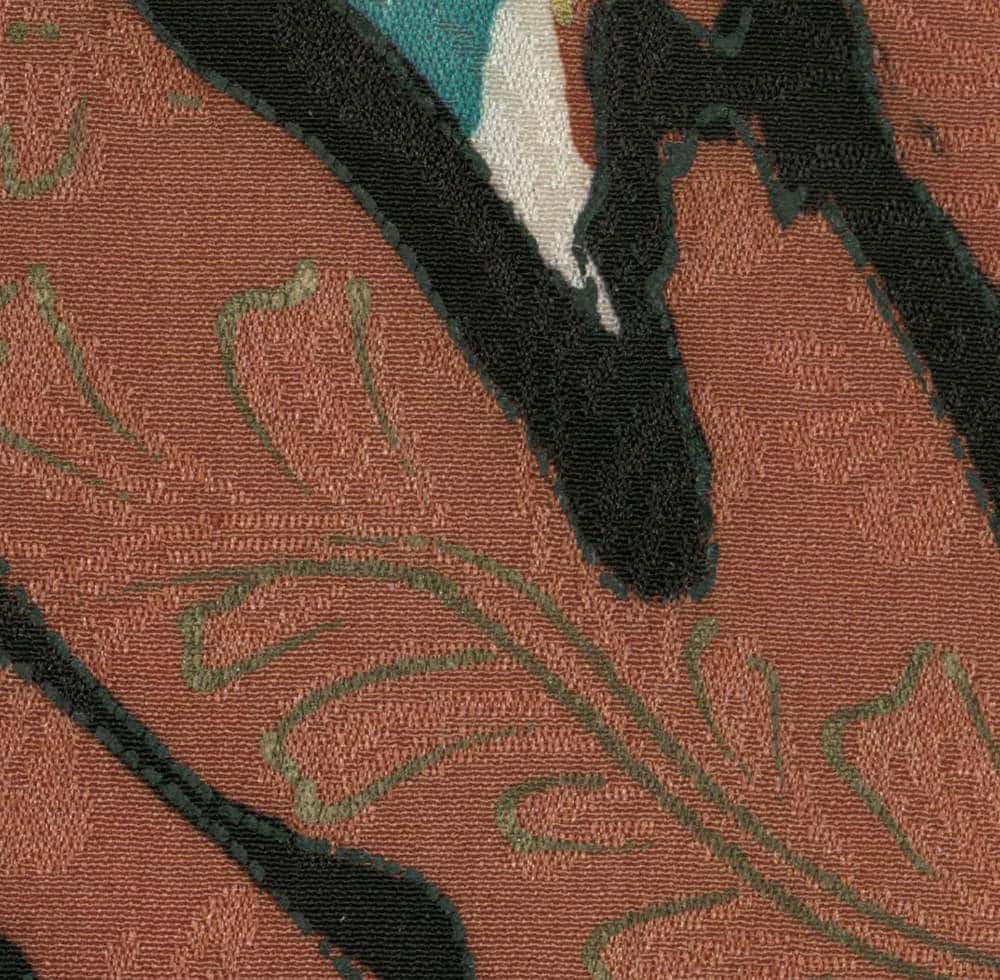 Abstract botanical textile with rust, black, and teal leaf-like shapes