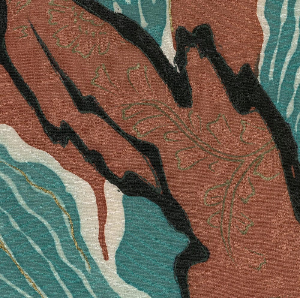 Abstract textile with botanical patterns in rust, teal, black, and gold