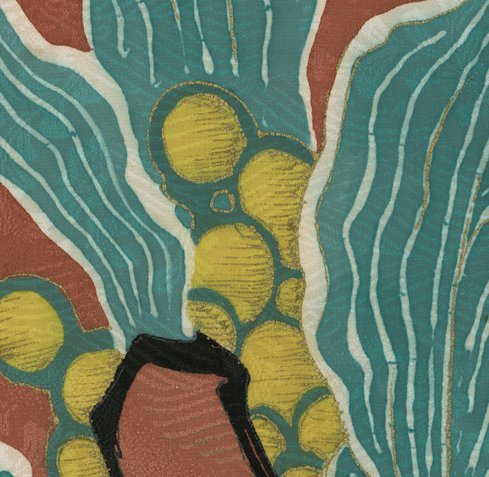 Abstract artwork with yellow bubbles, wavy lines, and organic shapes