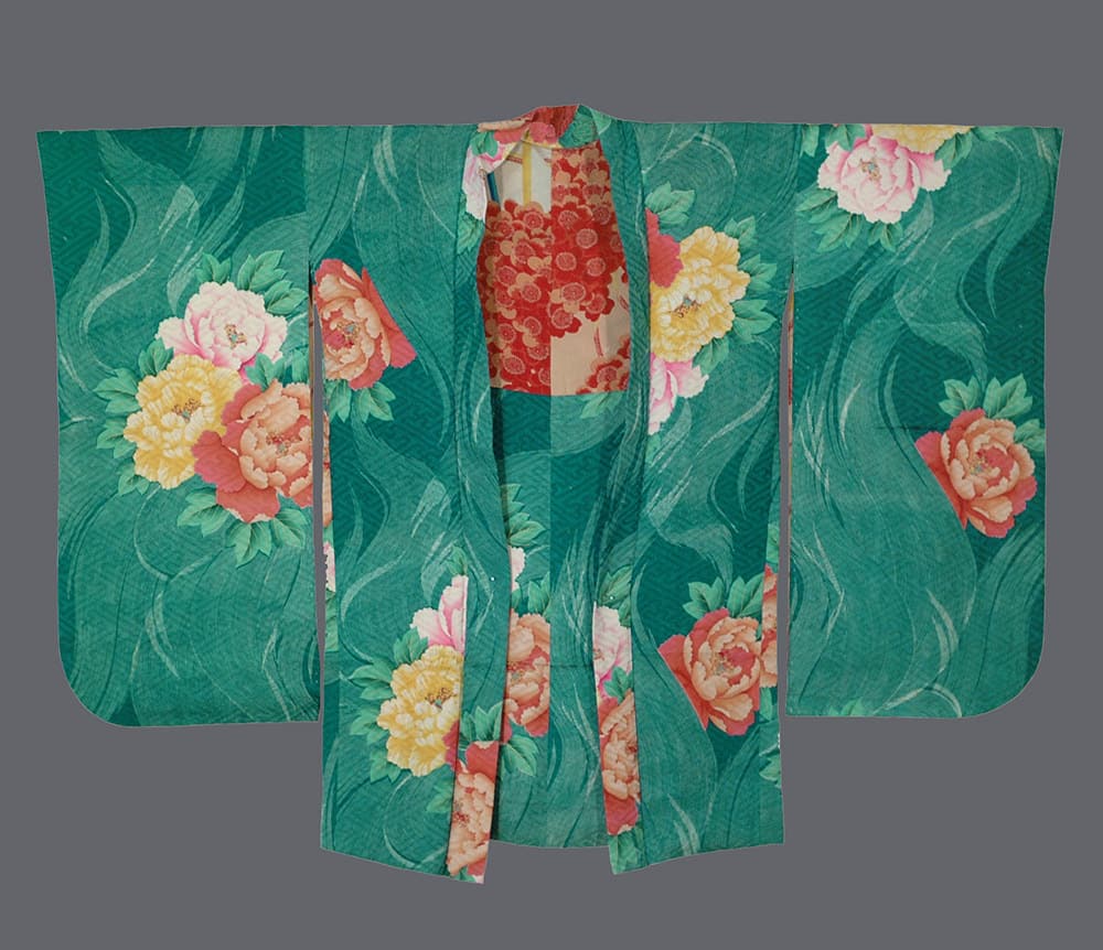 Vintage Japanese kimono with green background and colorful peony flowers