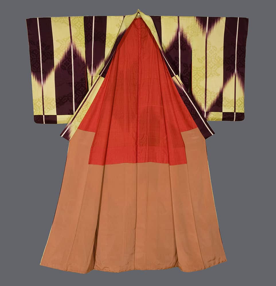 Traditional Japanese kimono with yellow, red, brown, and dark striped design