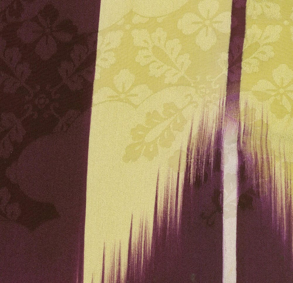 Purple and yellow abstract art with vertical stripes and floral pattern