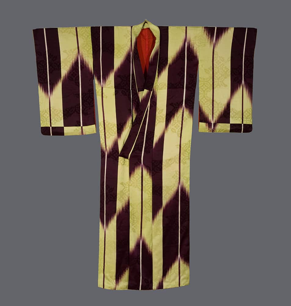 Traditional Japanese kimono with yellow and dark purple zigzag pattern