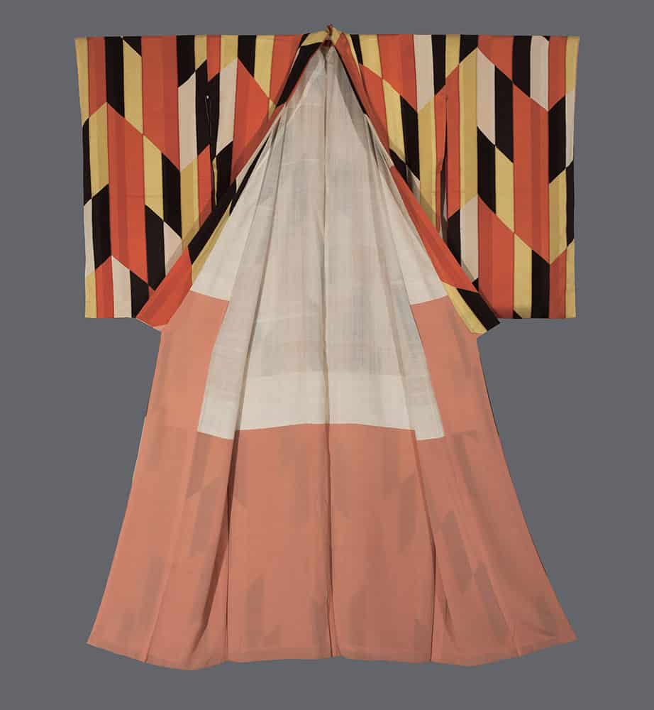 Traditional Japanese kimono with geometric pattern in orange, yellow, and black