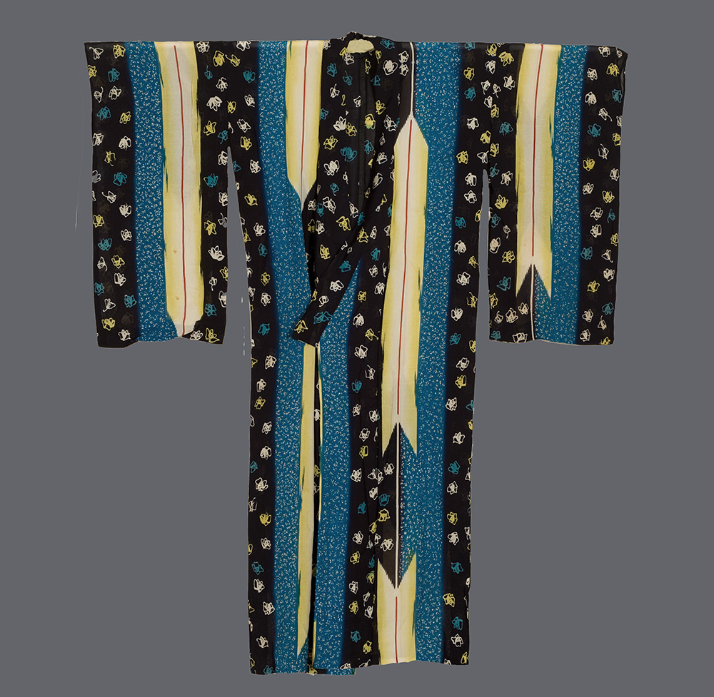 Traditional Japanese kimono with black, blue, yellow vertical striped pattern