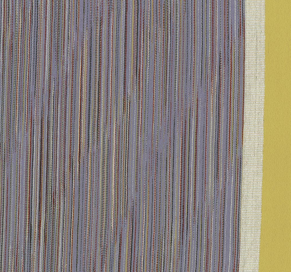 Colorful vertical striped textile with gray background and yellow border