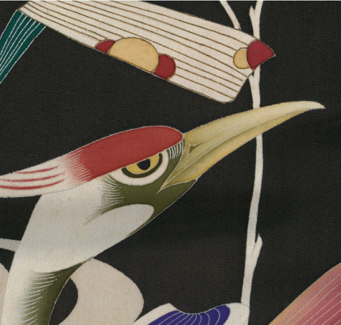 Stylized bird with sharp eye and long beak on dark background