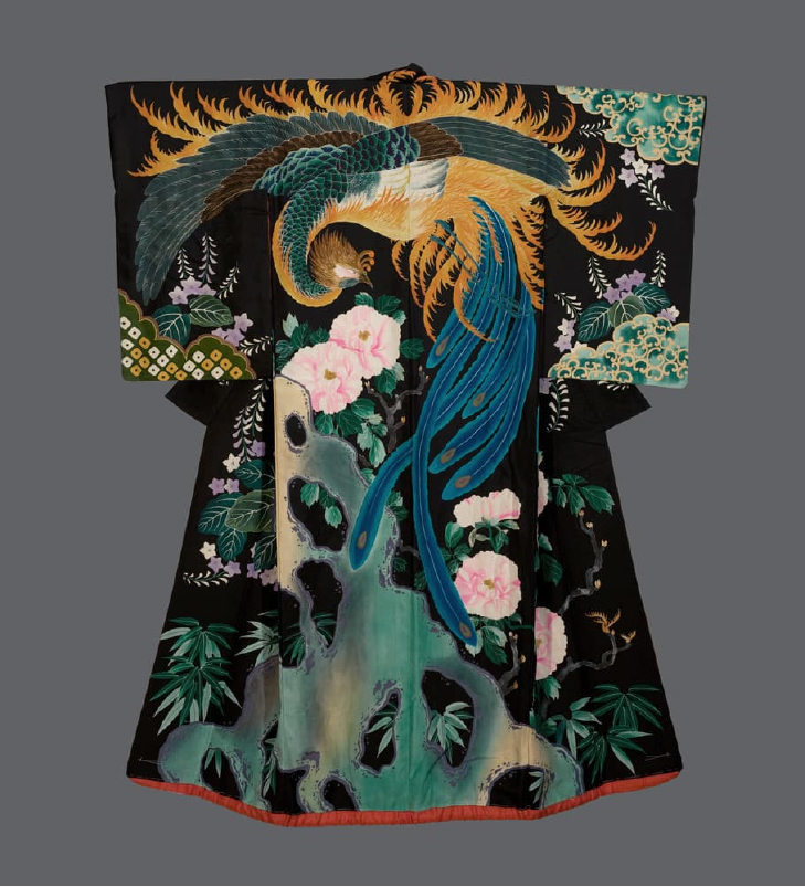 Intricate Japanese kimono with phoenix, flowers, and nature-inspired design