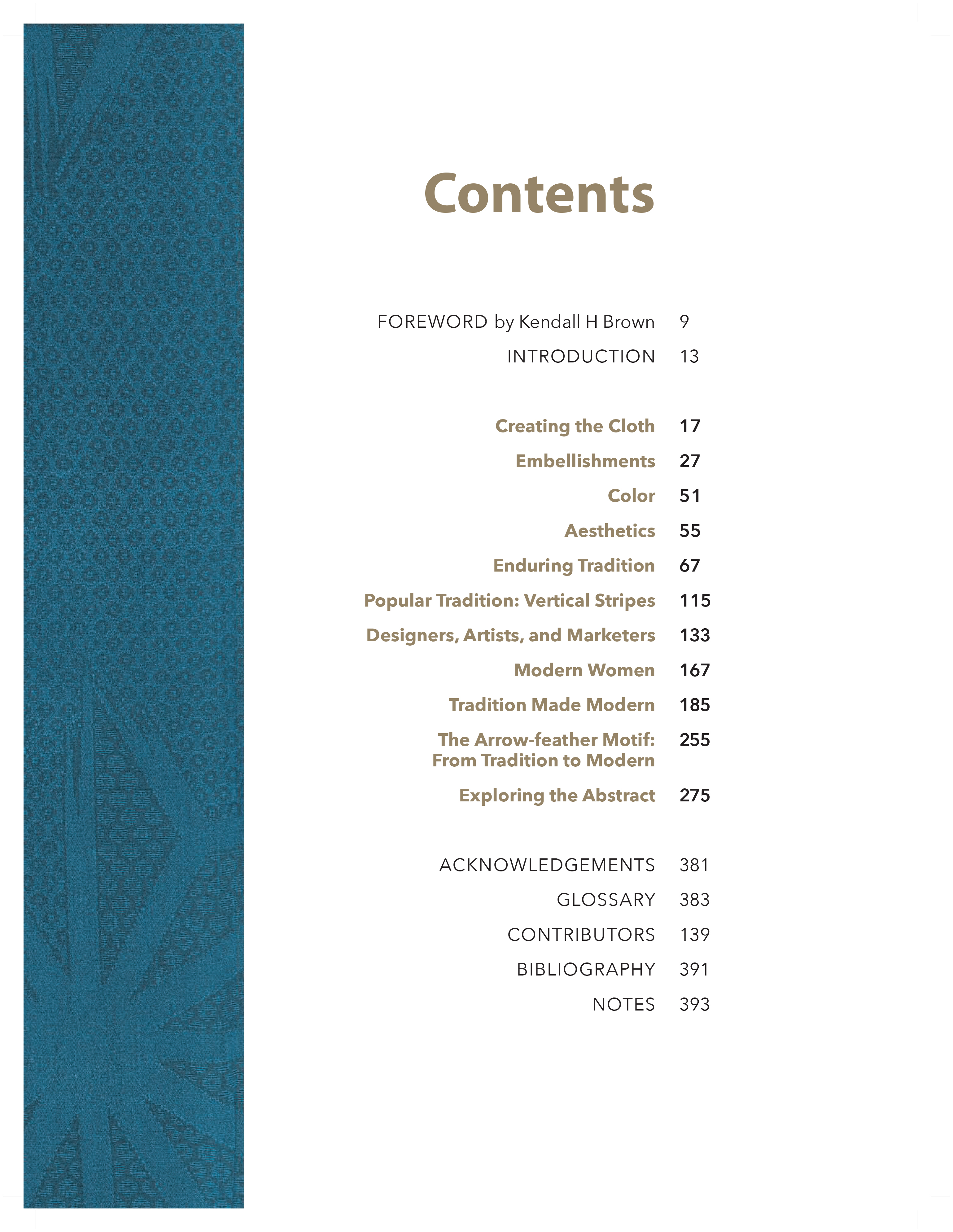 Book contents page with chapters about cloth, design, and tradition