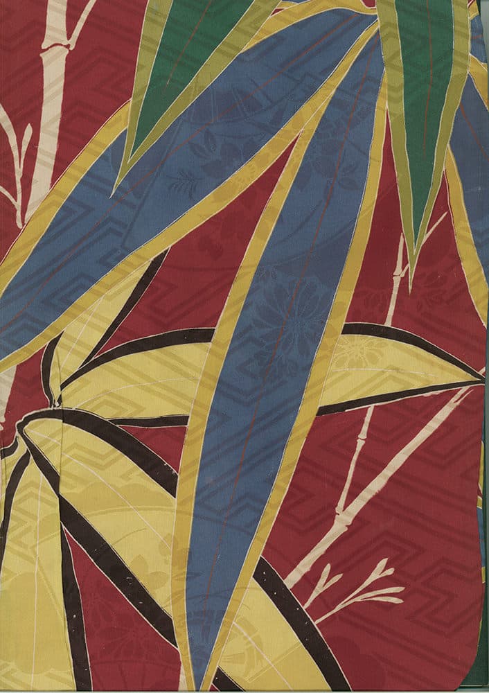 Abstract geometric pattern with overlapping bamboo-like shapes in red, blue, yellow