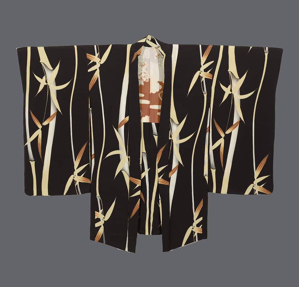 Black kimono with elegant bamboo pattern in cream and rust colors