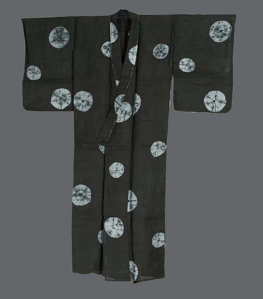 Dark kimono with white circular shibori tie-dye pattern