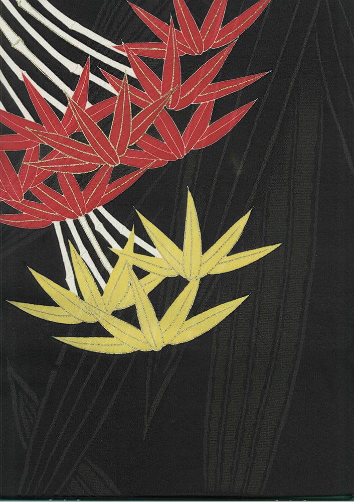 Red and yellow stylized leaves on dark background with graphic lines