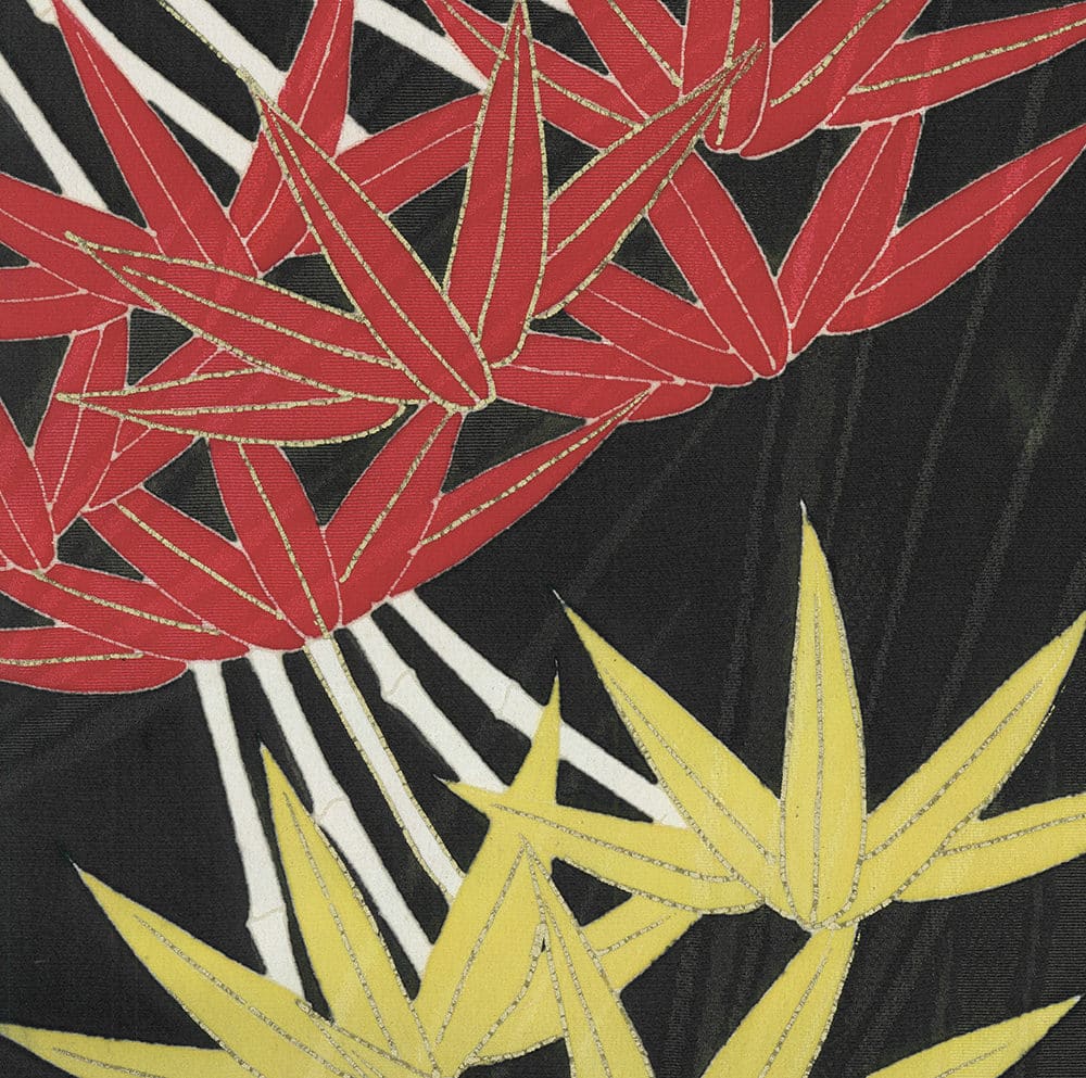 Abstract geometric leaves in red and yellow with gold outline