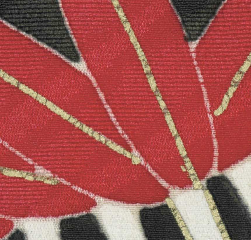 Abstract floral textile with red, gold, and black geometric lines