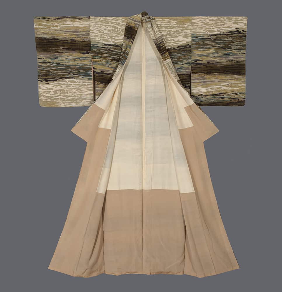 Traditional Japanese kimono with textured brown and cream panels