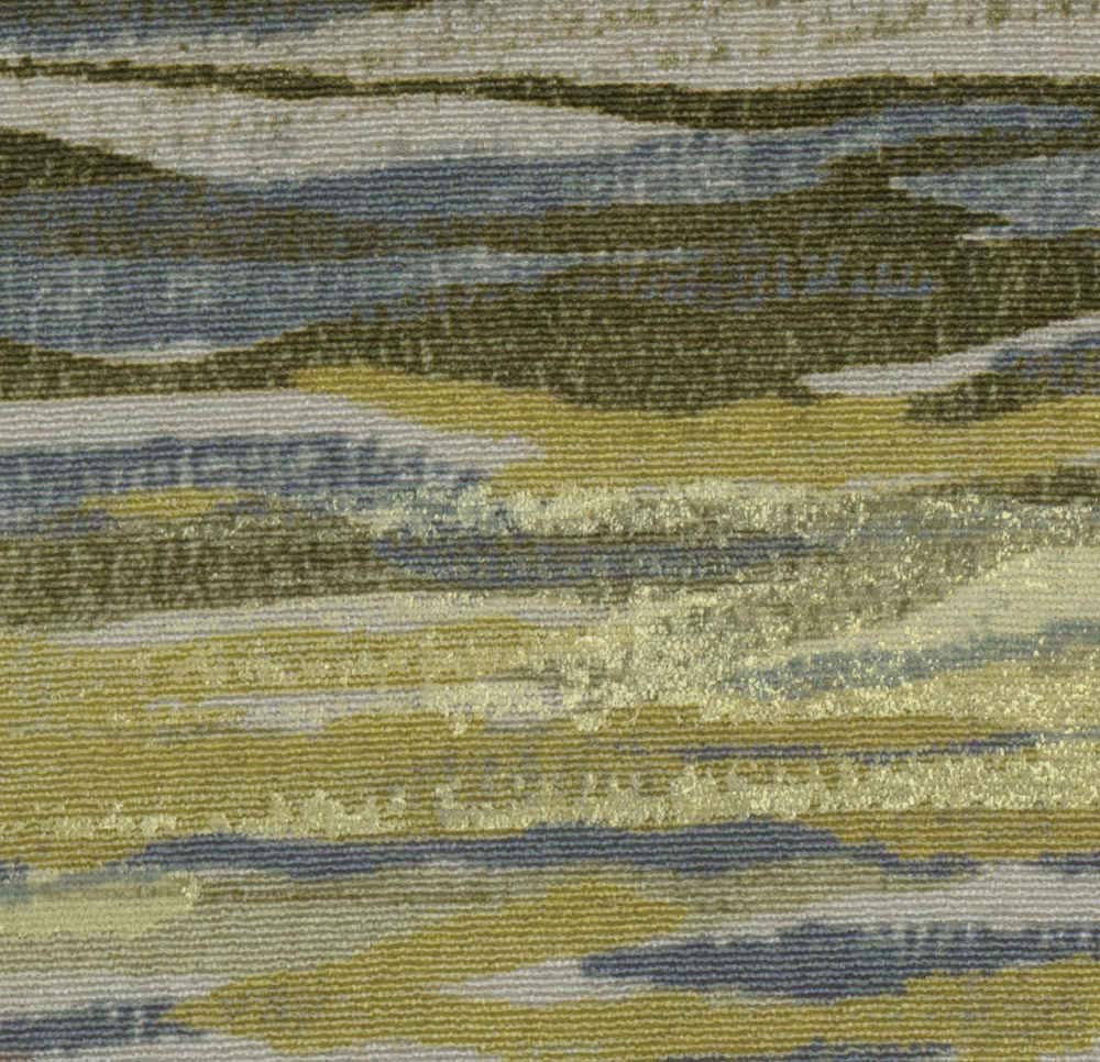 Textured fabric with horizontal stripes in green, blue, and yellow tones