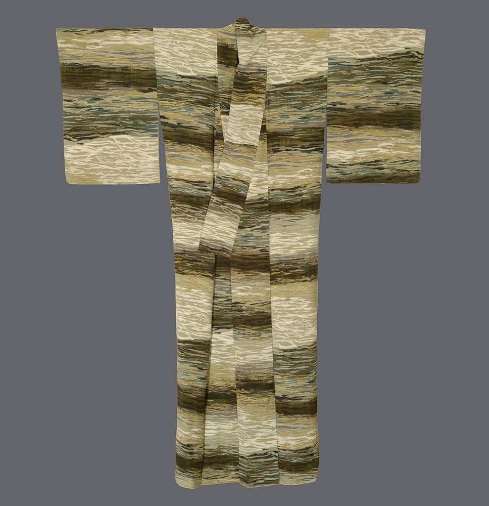Traditional Japanese silk kimono with earth-toned striped landscape-like pattern