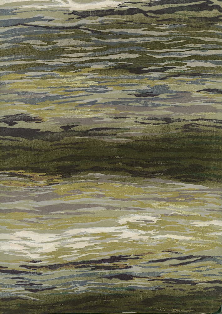 Abstract landscape painting with layered green, gray, and white horizontal textures