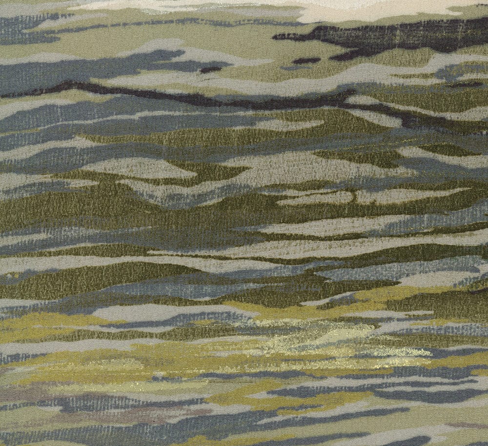 Abstract textured landscape with layers of green, blue, and gray tones