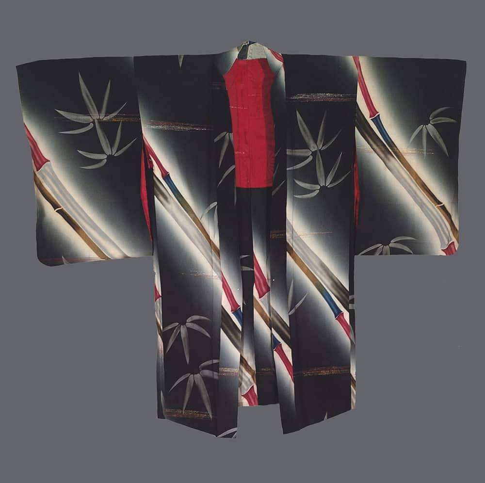 Japanese kimono with bamboo design in black, red, and gradient grey