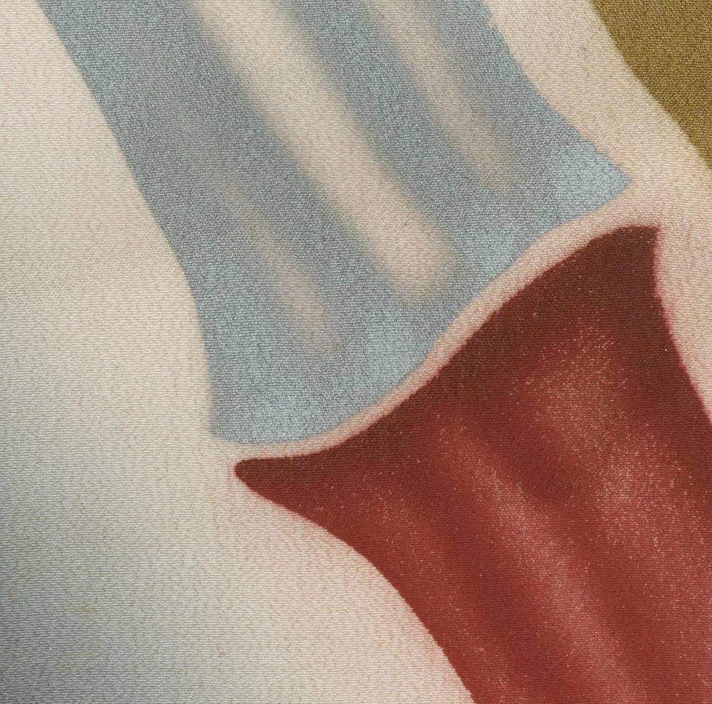 Geometric abstract fabric with blue, red, and neutral color blocks