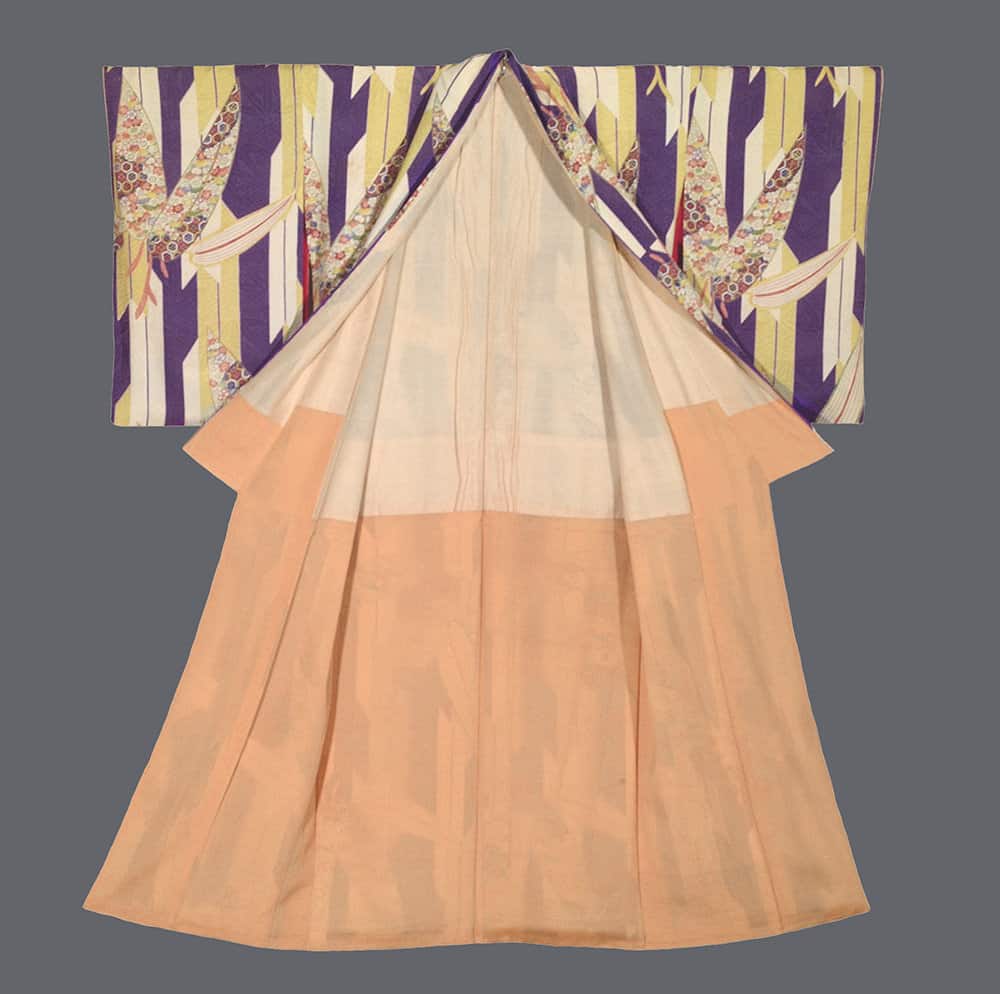 Traditional Japanese kimono with purple, yellow, and peach color gradient