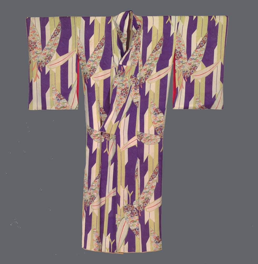Traditional Japanese kimono with purple, yellow, and floral geometric pattern