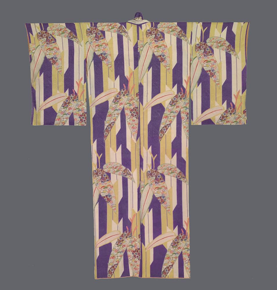 Colorful Japanese kimono with floral patterns and vertical purple stripes