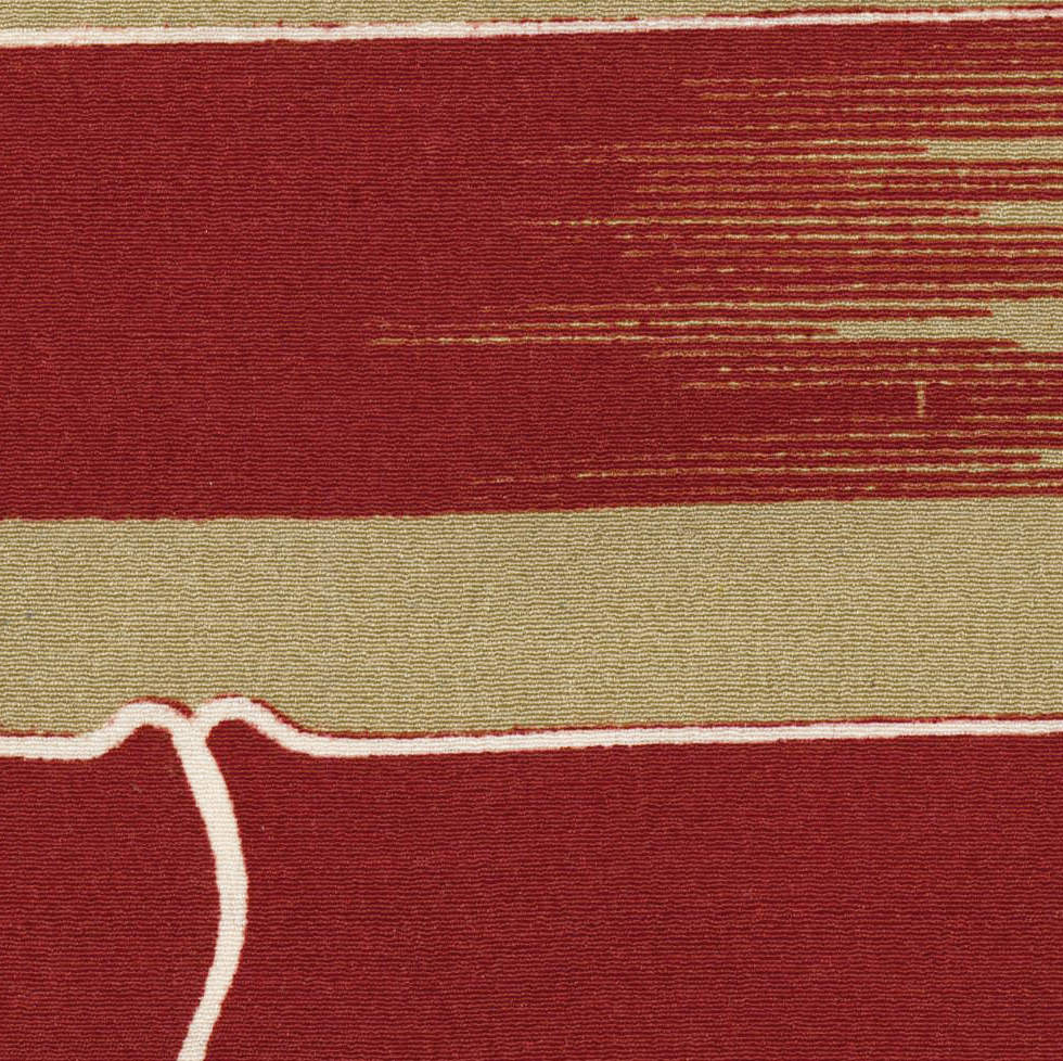 Red and beige carpet with white curved line and textured pattern