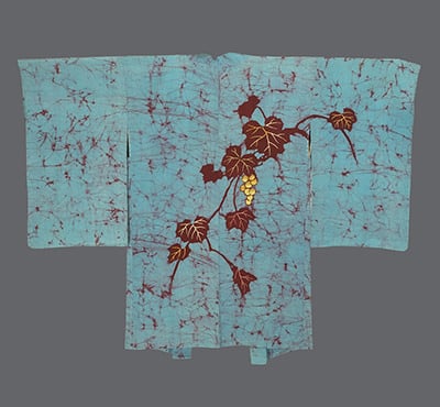 Blue-green Japanese kimono with red and yellow autumn leaf pattern